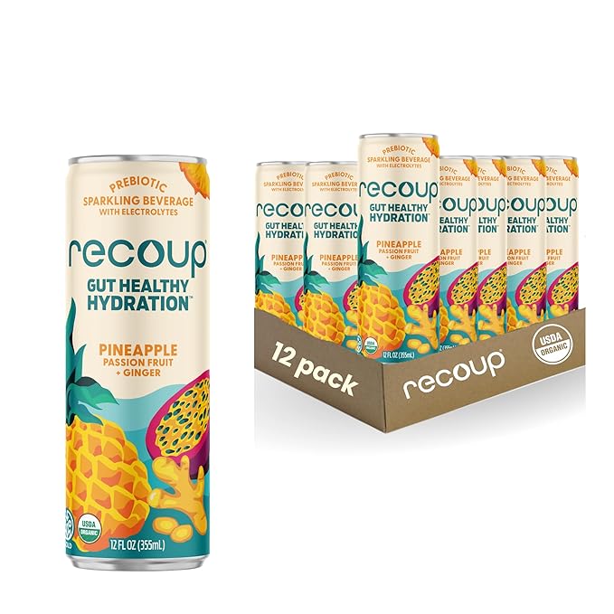 Recoup Organic Sparkling Prebiotic Drink - Ginger with Electrolytes for Gut Health Support &amp Hydration No Added Sugar ((Pack of 12) Pineapple Passion Fruit + Ginger)