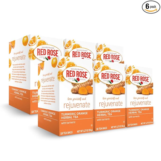 Red Rose Blossoms Turmeric Orange Blossom Herbal Tea with 18 Individually Wrapped Tea Bags Per Box (Pack of 6) Caffeine Free Brew Hot Naturally Flavored Herbal Tea
