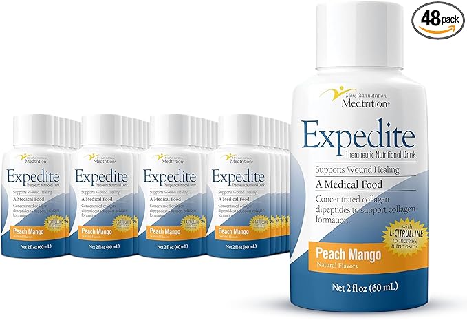 Medtrition Expedite Liquid Collagen Peach Mango 2 Fl Oz Pack of 48 - Nutrition Support for General Orthopedic &amp Cosmetic Surgery Recovery