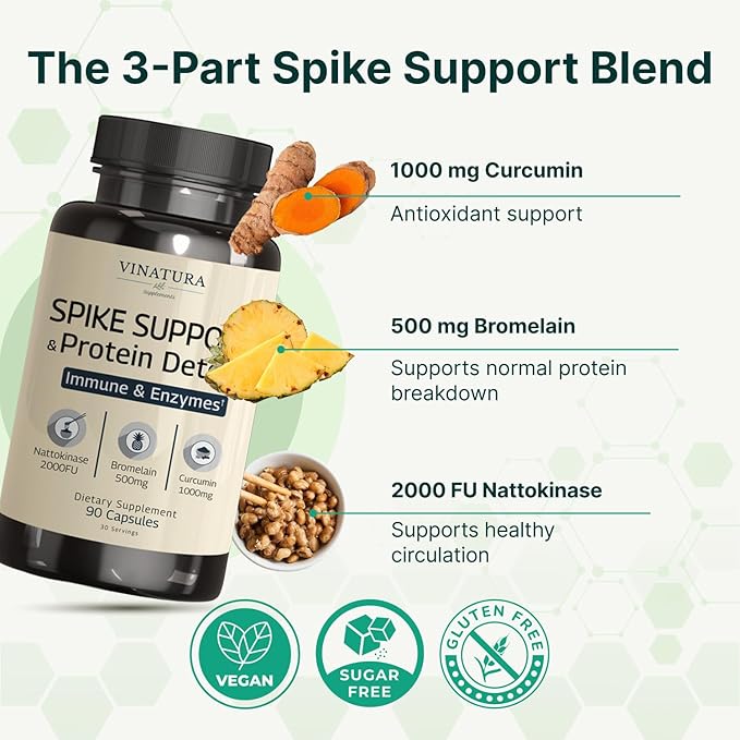 VINATURA Spike Protein Detox - Curcumin 1000 mg Bromelain 500 mg Nattokinase 2000 FU - Enzyme Complex for Detox &amp Protein Balance Ultimate Spike Support Supplement - 90 Capsules