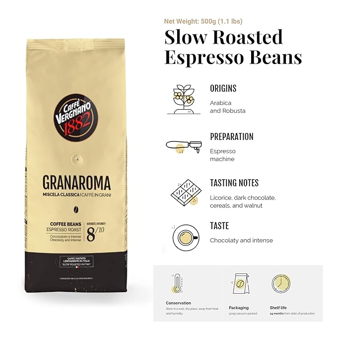 Caffe Vergnano 1882 Granaroma Espresso &amp Antica Bottega Whole Bean Arabica Medium Espresso Roast Coffee 1.1lbs Bag - Italian Coffee Beans -500g Bag (3 Pk)