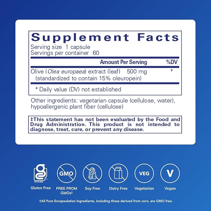 Pure Encapsulations Olive Leaf Extract | Hypoallergenic Supplement Supports Immune System and Healthy Intestinal Environment | 60 Capsules