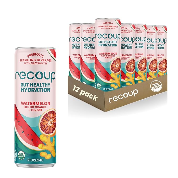 Recoup Organic Sparkling Prebiotic Drink - Ginger with Electrolytes for Gut Health Support &amp Hydration No Added Sugar ((Pack of 12) Watermelon Blood Orange + Ginger)