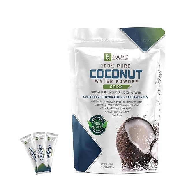X PROGANIQ Coconut Water Powder Stixx - Pure Coconut Electrolyte Drink in Travel Size Packets - 15 Count - Turn Water into Coconut Water - Ideal for On-the-Go Hydration - Easy Portable and Refreshing