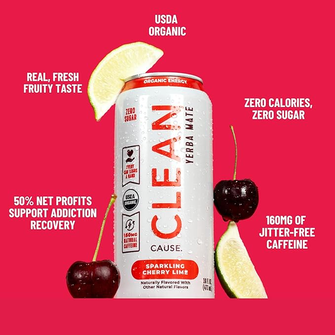 CLEAN Cause Zero Calorie Zero Sugar Orange Ginger &amp Cherry Lime Yerba Mate Organic Energy Drink Alternative (16oz cans 2-12-Pack Case) Keto Friendly 160mg Caffeine