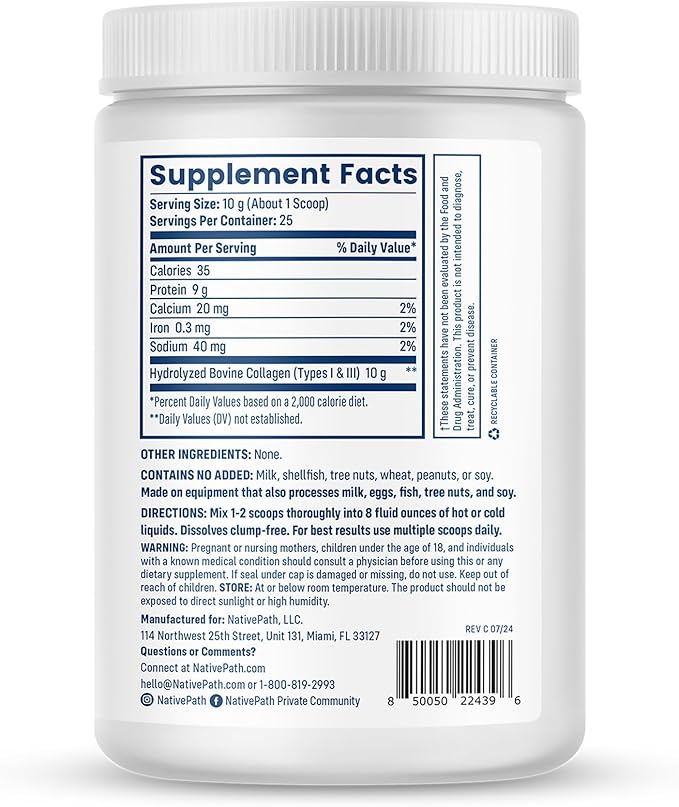NativePath Collagen Peptides - Hydrolyzed Type 1 &amp 3 Collagen Powder for Skin Hair Nails - 8.8 oz (25 Servings)