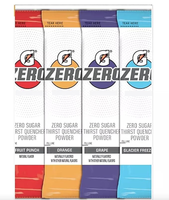 Gatorades G Zero Sugar Thirst Quencher Powder (Pack Of 40) 10 Flavors Of Each (Fruit Punch Orange Grape &amp Glacier Freeze)
