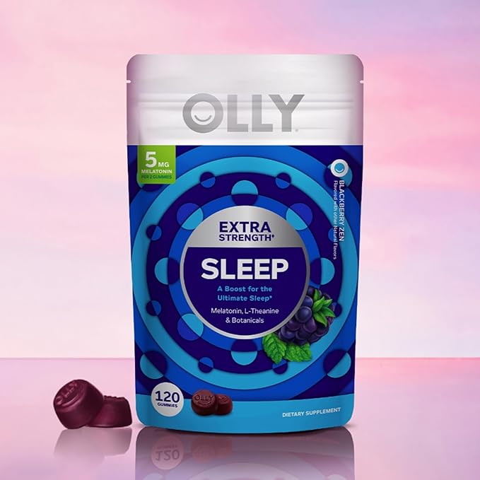 OLLY Extra Strength Sleep Gummy 5 mg Melatonin L-Theanine Chamomile Lemon Balm Extracts Sleep Aid BlackBerry Flavor - 120 Count