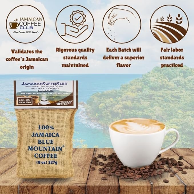 JamaicanCoffeeClub 100% Blue Mountain Whole Bean Coffee WB 8oz Jamaican Roasted Beans Smooth Rich Flavor Handpicked Gourmet Beans Bold Medium Roast Fresh Pack Premium Jamaican Coffee