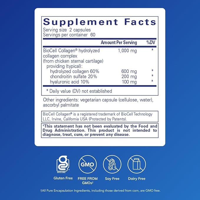 Pure Encapsulations Collagen JS - Skin &amp Joint Health* - 1000 mg Hydrolyzed Biocell Collagen - Gluten Free &amp Non-GMO - 120 Capsules