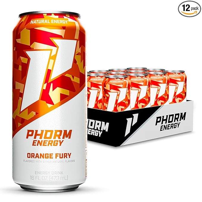Phorm Energy Drink Orange Fury Flavor 200 MG Natural Caffeine From Green Tea Sugar Free Carbonated Drink With Electrolytes &amp Vitamin B12 Dairy &amp Gluten Free Vegan 16 FL Oz Cans 12 Pack