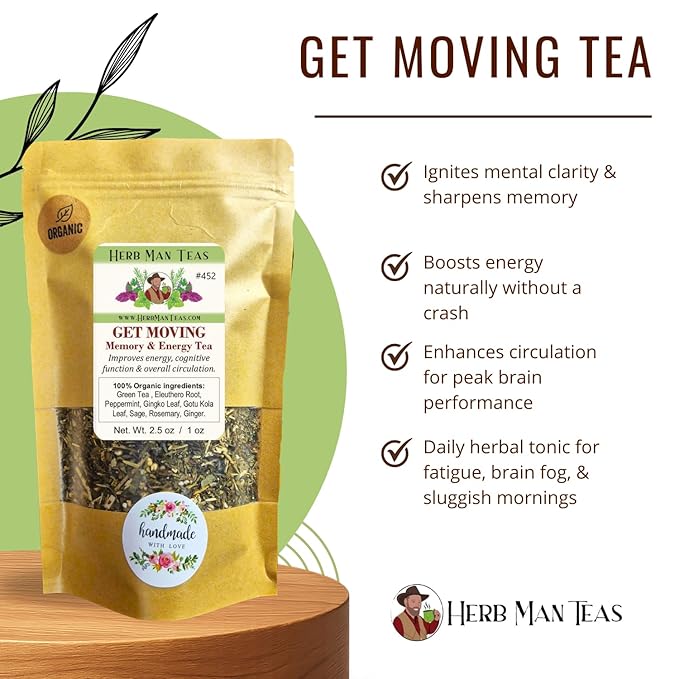 MEMORY &amp ENERGY TEA – Focus &amp Clarity Blend with Ginkgo Biloba Brahmi &amp Green Tea – Organic Non-GMO – Formulated by Master Herbalist Khabir