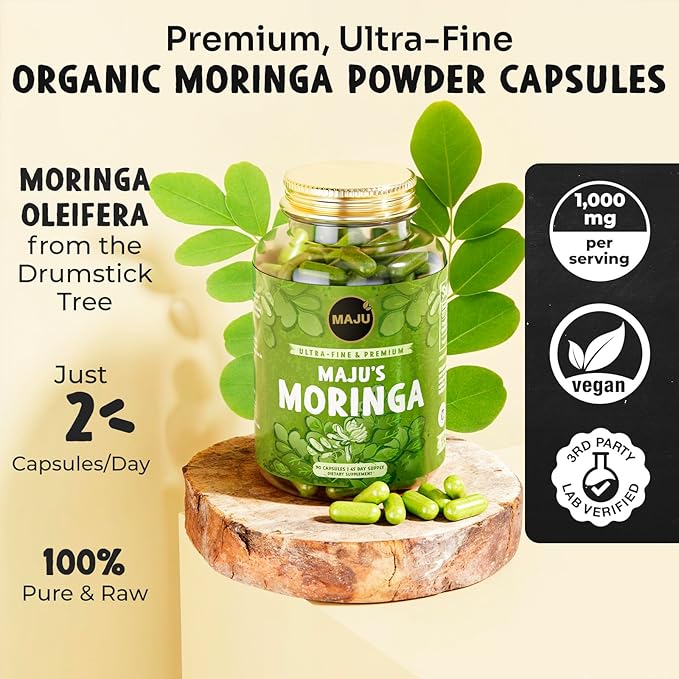 Maju Superfoods Organic Moringa Capsules Oleifera Leaf Extra-Fine Quality Moringa Leaves Dried Drumstick Tree Leaves Organic Moringa Powder Extract Supplement Capsules from Plant (90 ct)
