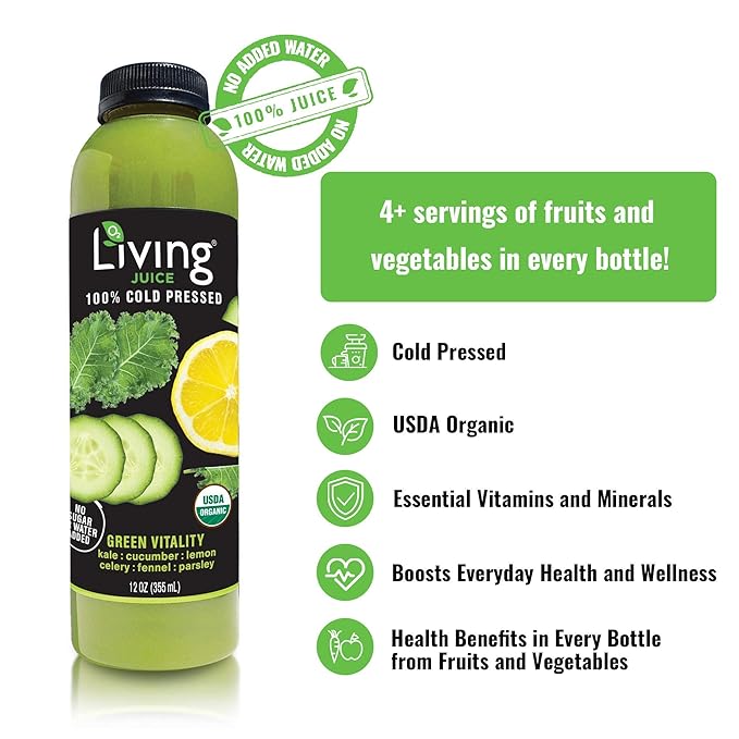 O2 Living Juice Cold Pressed Drink - Green Vitality Organic Juice Pack - No Added Sugars or Water Naturally Sweetened from Fruits Rich in Nutrients &amp Vitamins - Non-GMO - 12 fl oz - 18 Pack