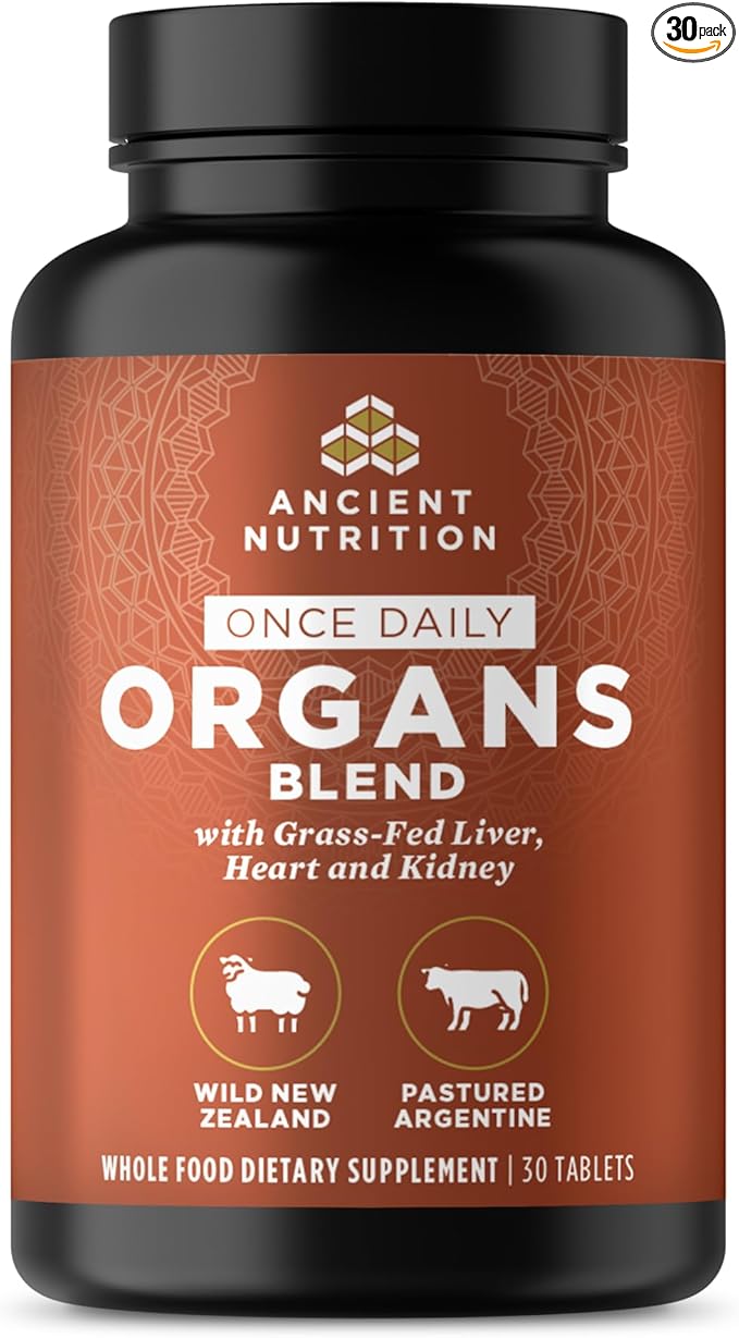 Ancient Nutrition Organ Supplements Once Daily Grass-Fed and Wild Organ Complex Capsules Liver Heart Kidney Supports Organ Cognitive and Immune System Health 30 Ct