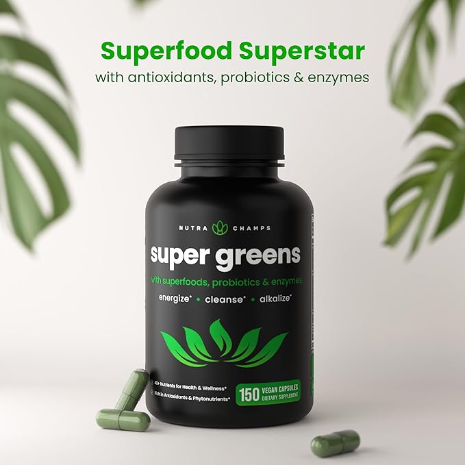 Organic Super Greens Capsules - Daily Fruits and Veggies Supplement - 150 Green &amp Reds Superfood Pills - 40+ Natural Whole Food Fruit &amp Vegetables Prebiotic Fiber &amp Probiotics &amp Diges