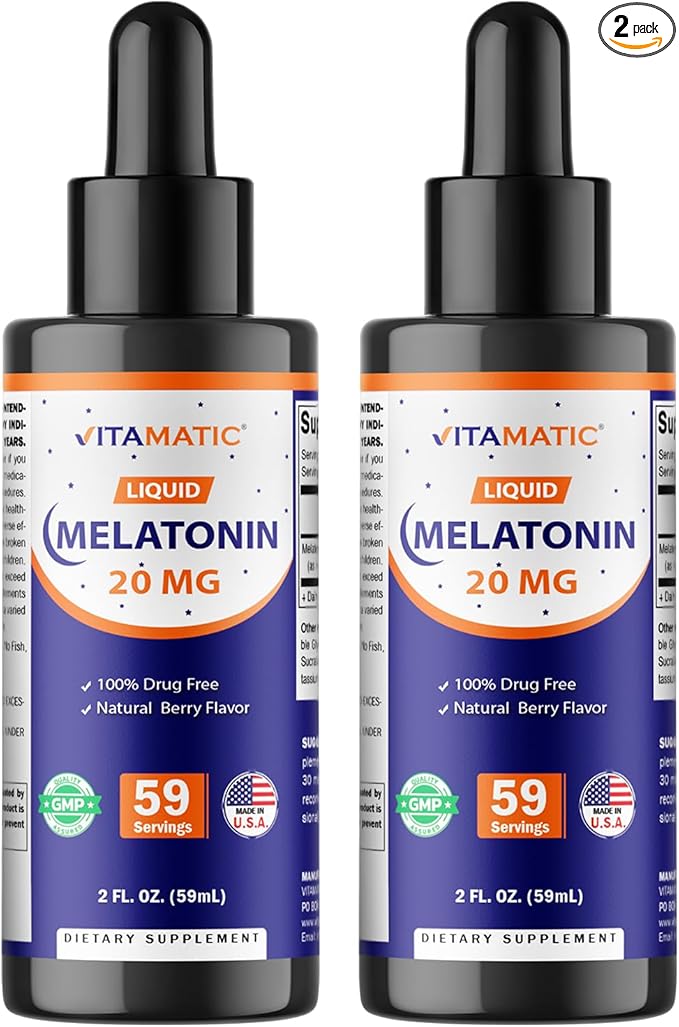 Vitamatic 2-Pack Melatonin 20mg Liquid Drops - 2 fl oz (59 ml) Each - Natural Berry Flavor - Non-GMO Vegetarian Supplement for Adults