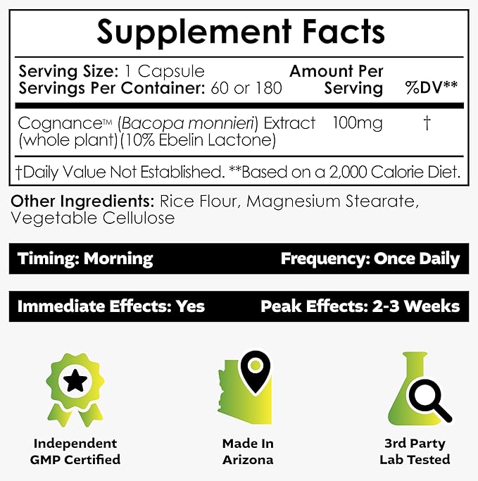 Nootropics Depot Cognance Enhanced Bacopa Capsules | 100mg | 10% Ebelin Lactone | Bacopa monnieri | Mood Memory &amp 5-HT2A Activation 180 Count (Pack of 1)