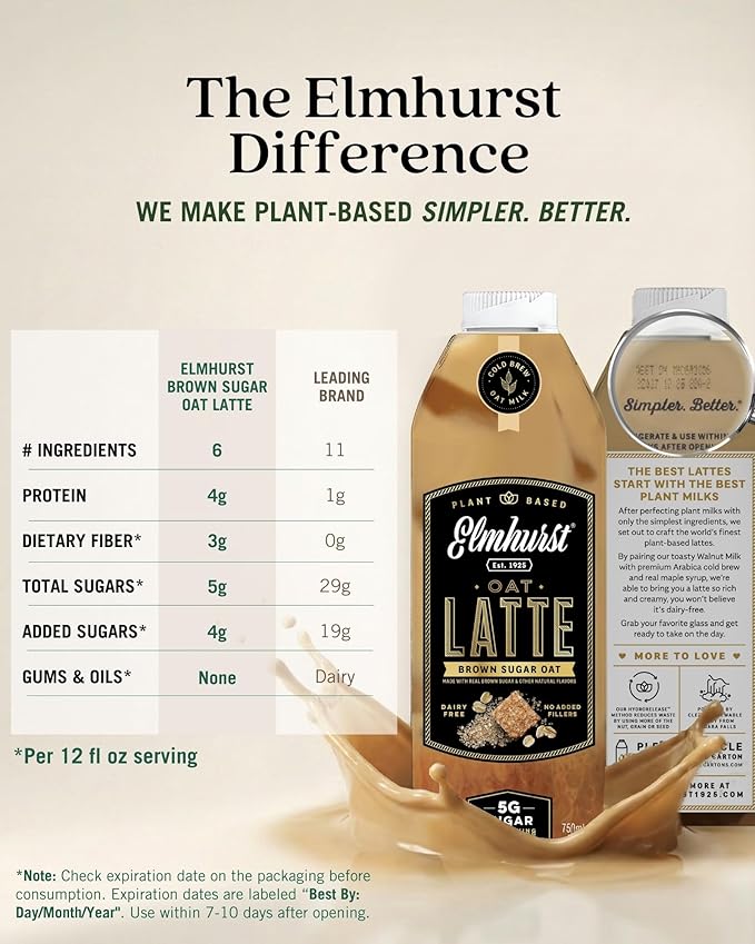Elmhurst 1925 Brown Sugar Oat Milk Latte – Plant-Based Vegan Dairy-Free Latte Made of Whole Grain Oats Cold Brew Premium Arabica with 95mg Caffeine &amp Real Brown Sugar – 25.4oz (Pack of 6)