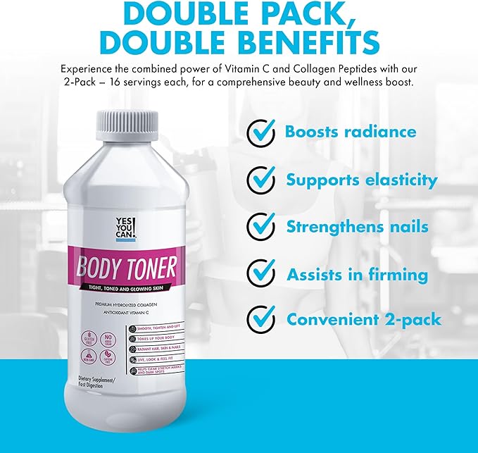 Yes You Can! Premium Hydrolyzed Collagen Dietary Supplement to Promote Healthy Hair Skin and Nails - Body Toning Vitamin C and Collagen Peptides 16 Servings- 2 Pack