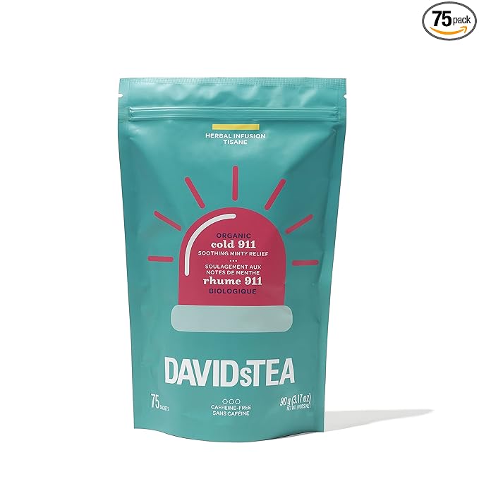 DAVIDsTEA Organic Cold 911 Sachet Tea Bags Premium Soothing Herbal Tea in 75 Sachets Tea Bags 3.17 ounces