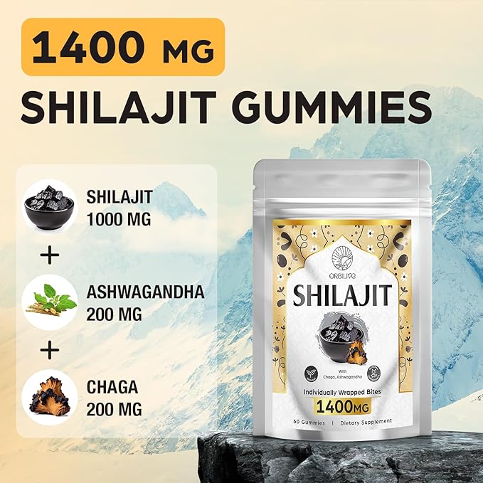 1400 MG Shilajit Gummies Shilajit Pure Himalayan Organic Gummies with Ashwagandha Himalayan shilajit for Men 85+ Trace Minerals &amp Fulvic Acid Individually Wrapped Sugar-Free 60 Gummies