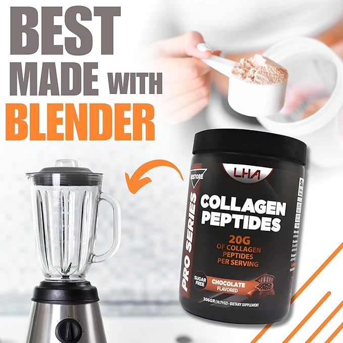 LHA Collagen Peptides Powder Chocolate Flavor Dietary Supplement for Skin Hair Nails Bone &amp Joint Support 10 oz