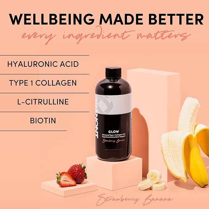 Tranont Glow Liquid Collagen for Women | Multi Collagen Peptides with Hyaluronic Acid &amp Biotin | Hair Skin &amp Nail Support | Hydrolyzed Collagen Shot | Strawberry Banana | 15 fl oz