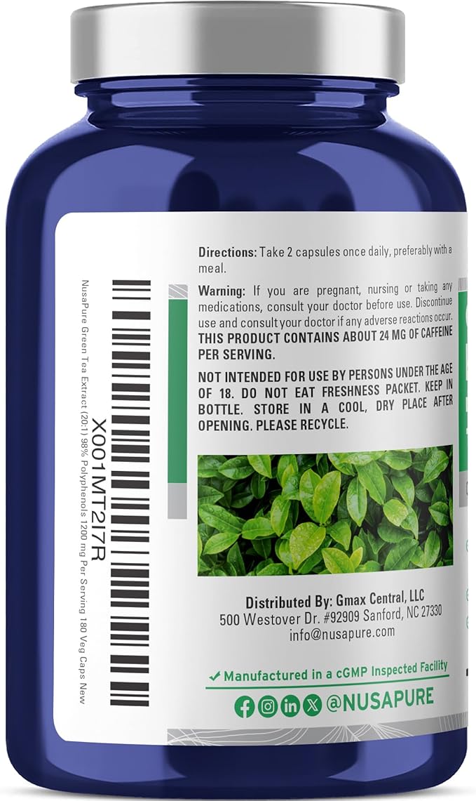 NusaPure Green Tea Capsules 1200 mg 180 Veggie Capsules (Non-GMO Vegan)