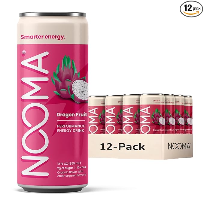 NOOMA - Performance Energy Drink - Pre Workout Drink - Nootropics Adaptogens + Electrolytes - 120mg Clean Caffeine 15 Calories &amp 2g Sugar - Dragon Fruit -12 Pack -12oz ea.