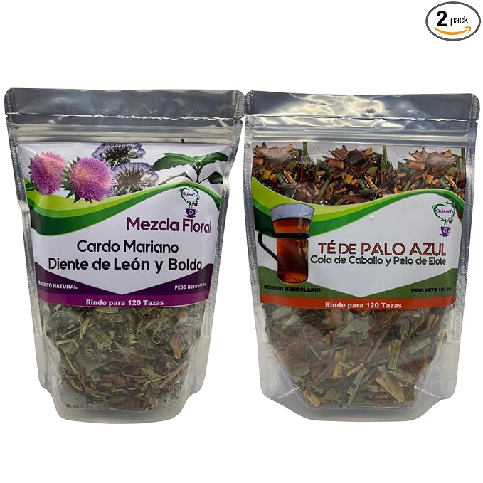 Combo Palo Azul and Cardo Mariano Quiere Te 5.3 oz (150 grams) Up to 200 Cups Milk Thistle and Kidneywood Resealable Bag Product From Mexico 100% Natural Infusion Herbal Combo 2 Bags
