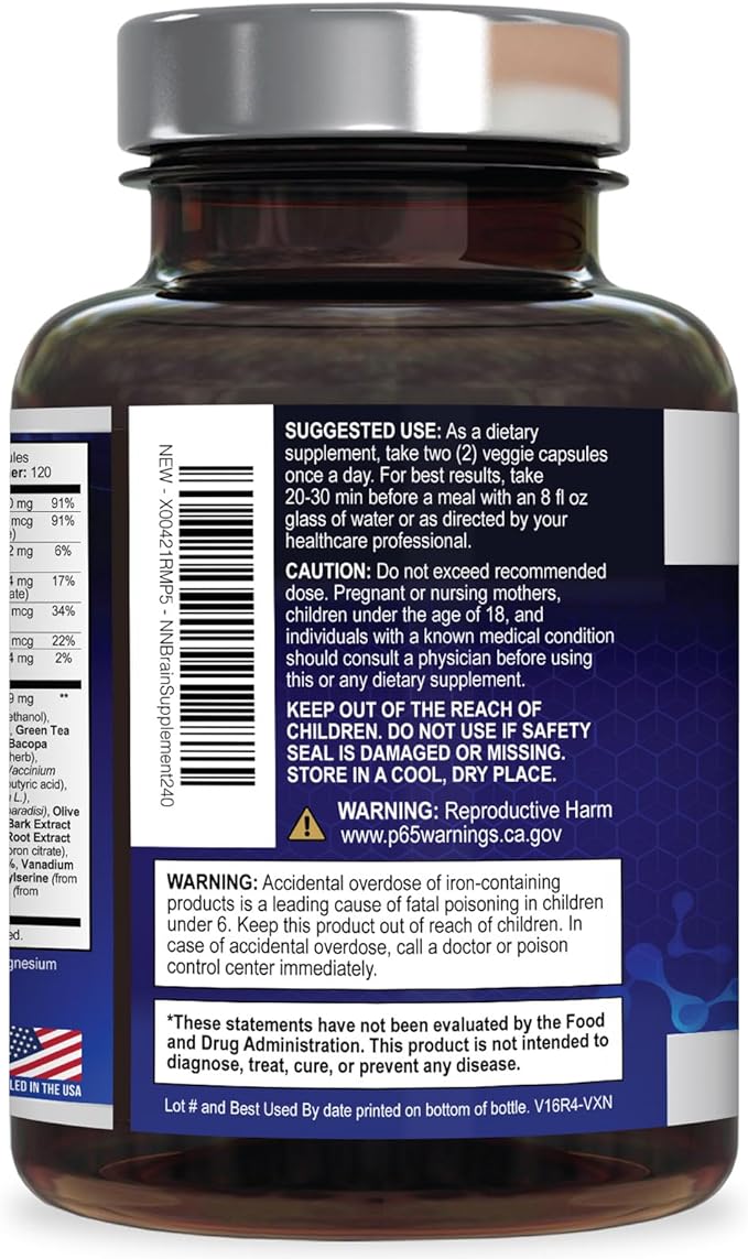 Brain Memory Supplement Pills - 3X Strength Nootropics for Concentration Clarity &amp Focus Support - Brain Health Cognitive Vitamins with Bacopa Phosphatidylserine &amp DMAE Brain Booster - 240