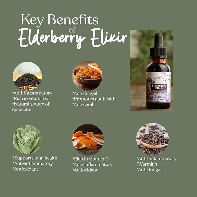 Earthley Wellness Elderberry Elixir Drops Herbal Elderberry Syrup Alternative Powerful Immune &amp Respiratory Support Shelf Stable with Mullein Orange Peels and Cloves (2oz Kids 120+ doses)