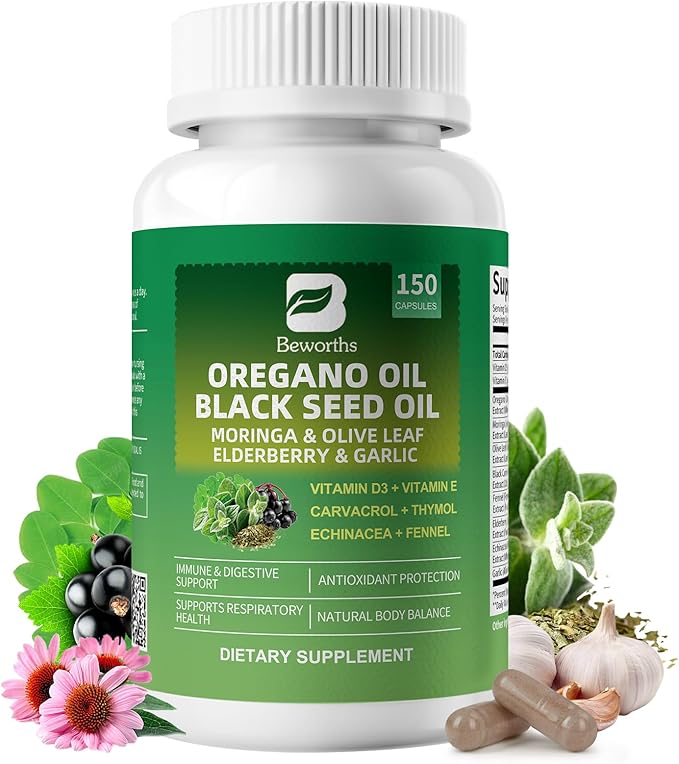 Oil of Oregano with Black Seed Oil - Oregano Oil Capsules Organic | Moringa Garlic Olive Elderberry Echinacea Fennel - 95% High Carvacrol Oregano Support Immune Digestive | 150 Capsules Non-GMO
