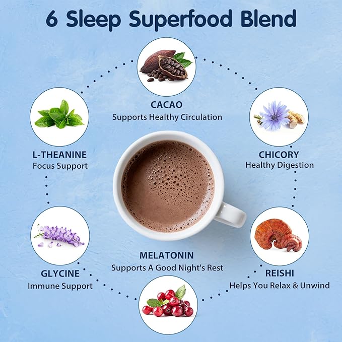 Mushroom Hot Cocoa Powder Sleep Supplement with Reishi Mushroom Melatonin Glycine Cacao L-Theanine Chicory Supports Relaxation &amp Fall Asleep Vegan 20 Servings