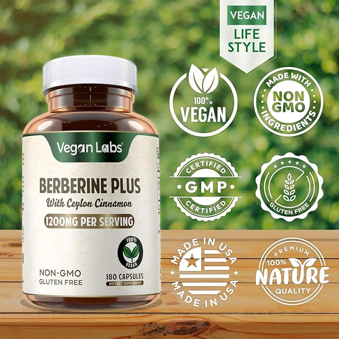 Vegan Labs Berberine HCL 1200MG with Organic Ceylon Cinnamon- 180 Vegan Capsules- Supports Overall Health and Immune System