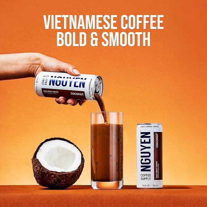 Nguyen Coffee Supply - Coconut: Vietnamese Cold Brew Iced Coffee 100% Robusta Low Sugar Dairy-Free 7.5 fl oz cans [12 Pack]
