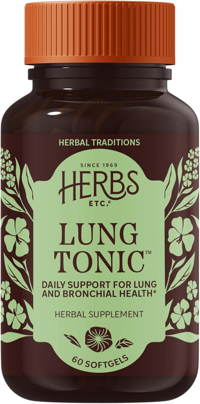 Herbs Etc. Lung Tonic - Lung Supplement for Bronchial Support - Healthy Breathing Support with Mullein Horehound &amp Grindelia - 60 Softgels