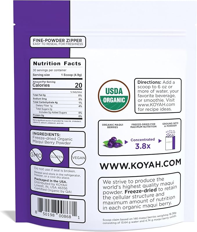 KOYAH - Organic Maqui Berry Powder 30 Servings (1 Scoop = 146 Berries or 1/8 Cup Fresh) Chile Grown Freeze-Dried Whole-Berry Powder