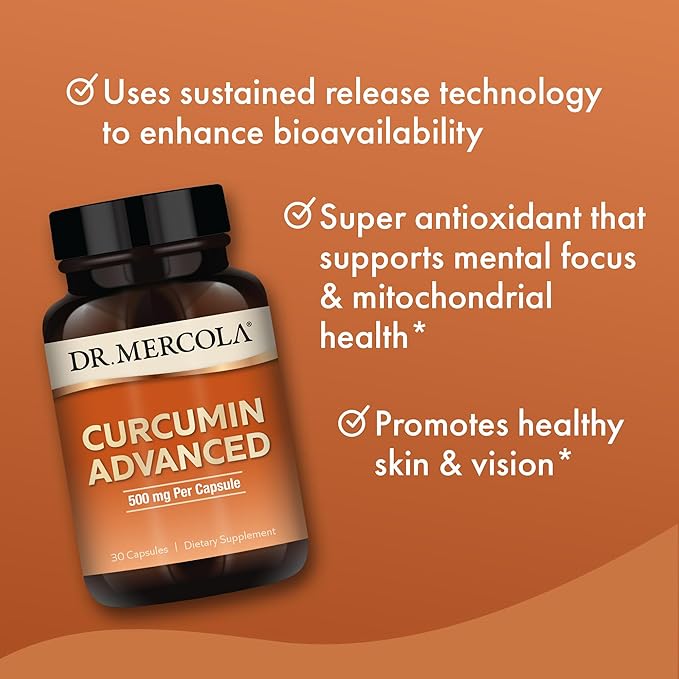 Dr. Mercola Curcumin Advanced - 500 mg Curcumin Root Extract - 95% Curcuminoids - For Vision Health Digestion &amp Focus - Sustained Release - Non-GMO Gluten-Free &amp Soy-Free - 30 Capsules (30 S