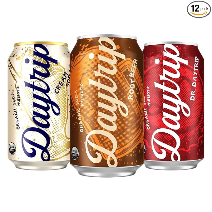 Daytrip Organic Prebiotic Soda – Low Sugar Sparkling Drink for Gut Health &amp Digestion Plant-Based Fiber Beverage Variety Pack 12 Cans – with Caffeine