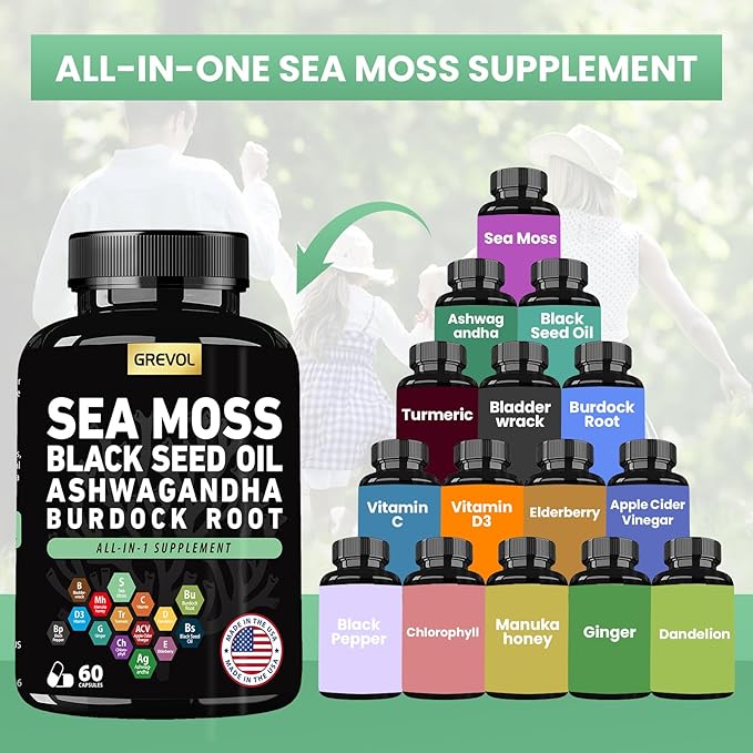 Sea Moss Black Seed Oil Ashwagandha Bladderwrack Burdock Root Turmeric &amp Vitamin C D3 Elderberry ACV Black Pepper - Multimineral Supplement - 60 Count