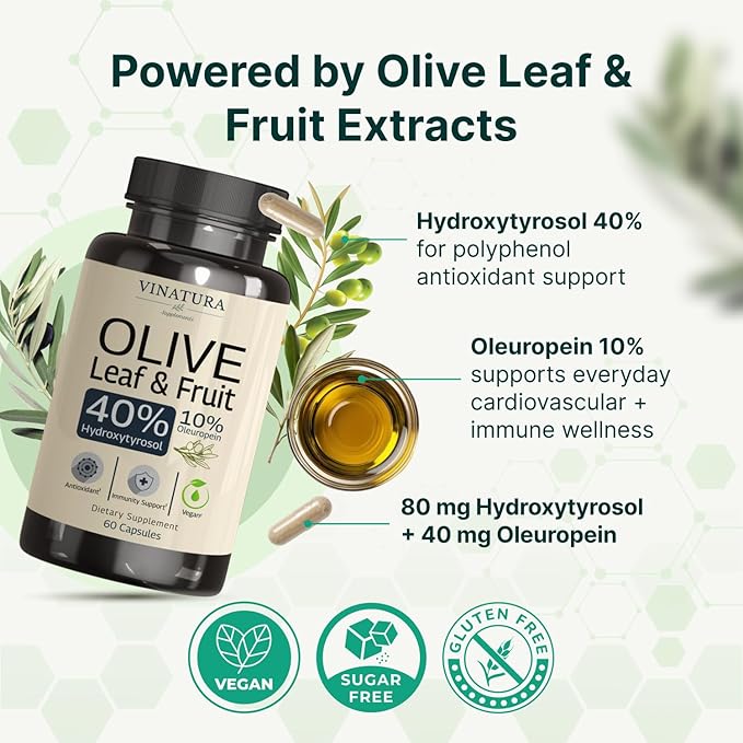 VINATURA Hydroxytyrosol Supplement Olive Leaf Extract - 40% Hydroxytyrosol Olive Fruit Extract 10% Oleuropein Olive Leaf Extract Capsules - 60 Capsules