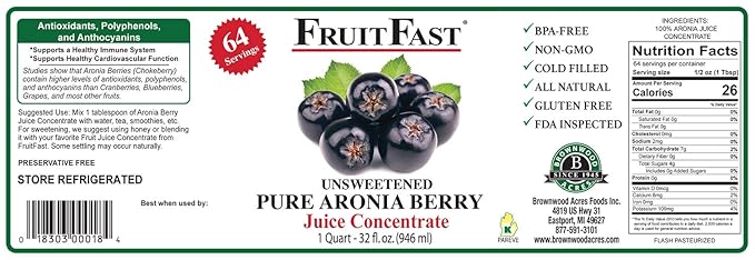 Aronia Berry (Chokeberry) Juice Concentrate (32 Fl Oz.) by FruitFast - Unsweetened Pure 65 Brix Choke Berry Concentrate - 64 Servings (32 Ounce)