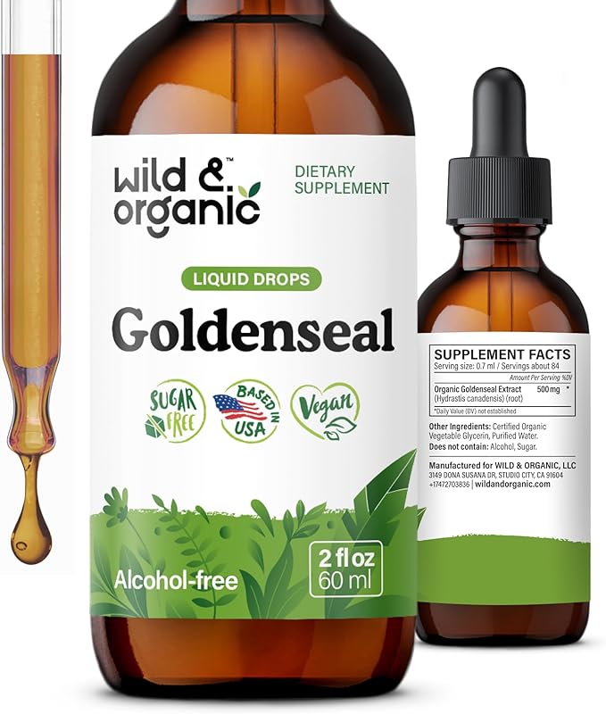 Wild &amp Organic Goldenseal Root Tincture - Lung Cleanse Immune &amp Digestive Support - Liquid Goldenseal Supplement - Vegan Sugar &amp Alcohol-Free Herb Drops - 2 fl oz