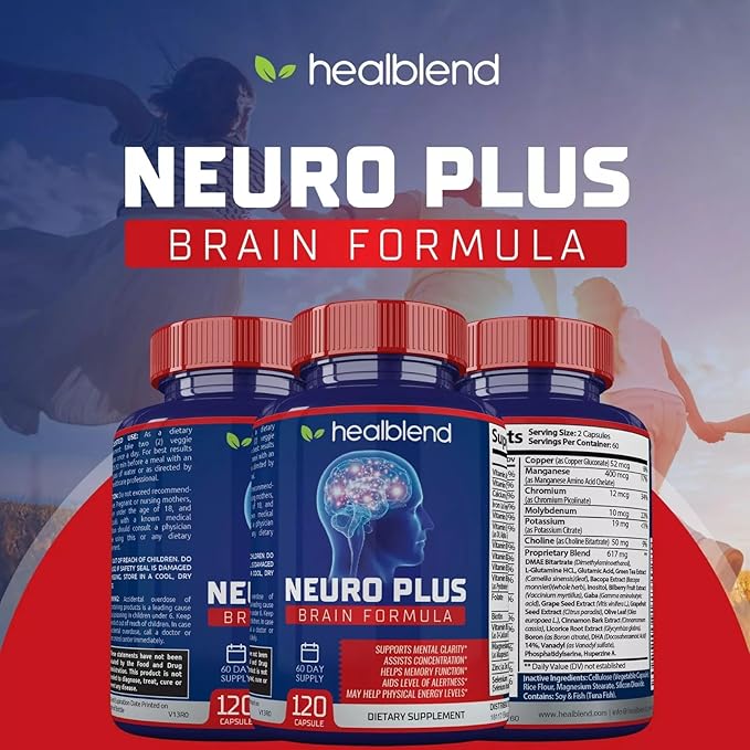 Neuro Plus Brain &amp Focus Formula - Brain Booster Supplement Supports Mental Clarity &amp Focus - Enhances Concentration &amp Mental Energy – 120 Capsules (3 Pack)