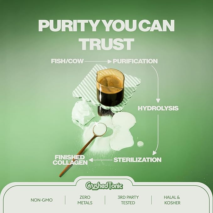 Crushed Tonic Marine Collagen Powder Korean Beauty Drink with Hydrolyzed Collagen Peptides for Skin Hair &amp Nails | Gluten-Free Halal &amp Kosher (Matcha 30 Servings (150 Grams) Sticks)