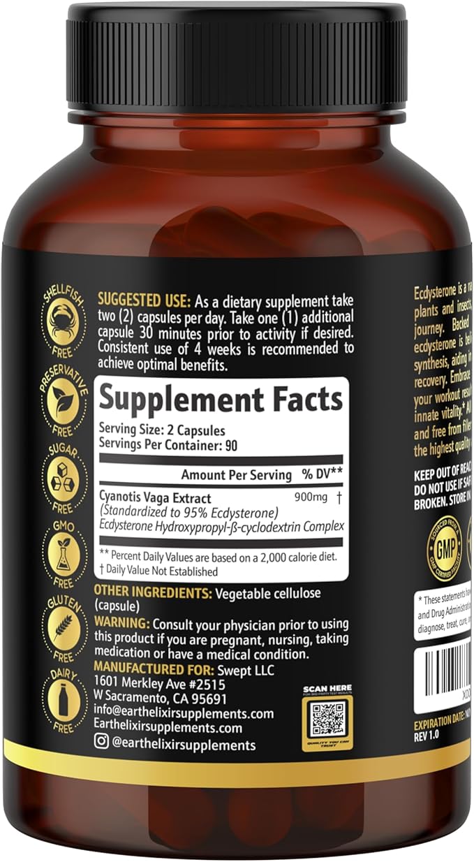 Earth Elixir Ecdysterone Supplements 900mg (180Capsules) – Made in USA - Muscle Building Supplements for Men w/ 95% Beta Ecdysterone w/Hydroxypropyl-β-Cyclodextrin for Enhanced Bioavailability