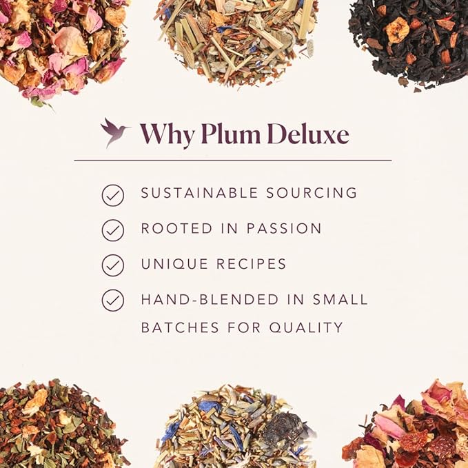 Herbal Tea Sampler – 5 Caffeine-Free Loose Leaf Blends for Sleep and Relaxation Fruity and Dessert-Inspired Flavors 75 to 100 Cups – Handcrafted in USA – Plum Deluxe
