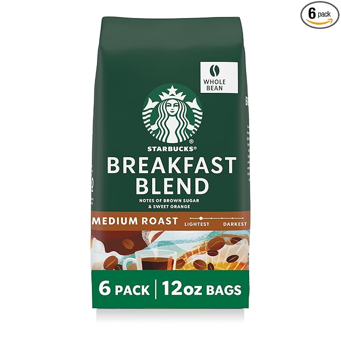 Starbucks Whole Coffee Beans Medium Roast Hot or Iced Coffee Breakfast Blend Six 12 oz Bags